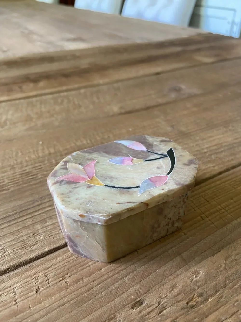 vintage stone trinket box, alabaster jewelry box, soapstone keepsake box, floral